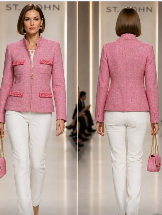 Jackets & Blazers - St. John Pink  White Tweed Signature Key Lock Zip Jacket Gold Charm S/P